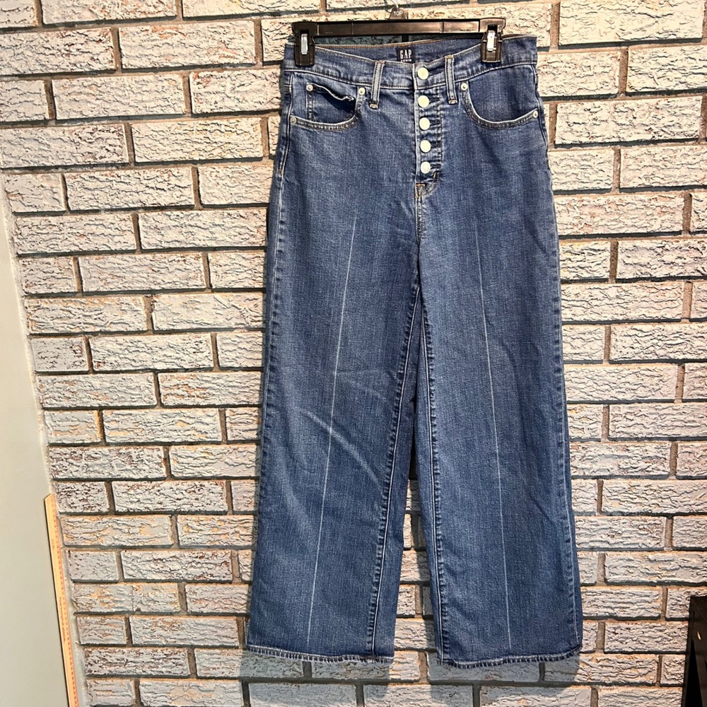 Gap Denim High Rise Wide Leg Button Fly Seam Front Jeans Medium Wash 29 x 26.5